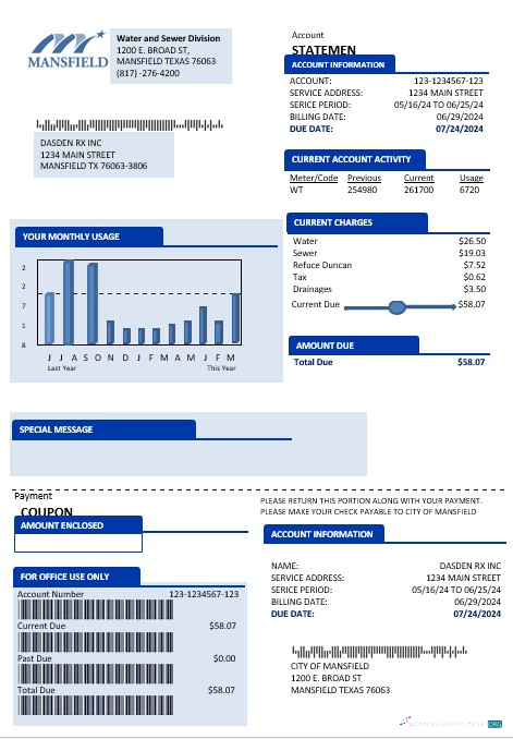 Download USA Mansfield Texas business utility bill template in Word and PDF formats Photoshop template